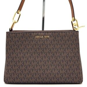 Michael Kors Trisha Medium Triple Compartment Crossbody Bag Brown Signature